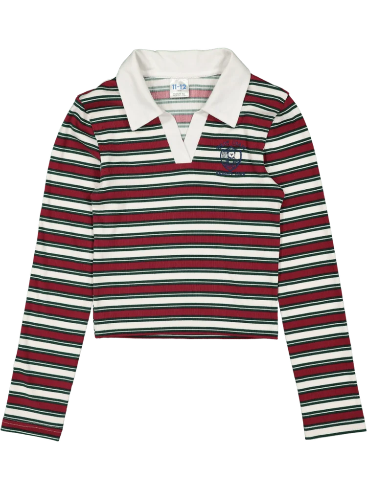 Striped Ribbed Long Sleeve Polo Top – PEP Online Striped Ribbed Long Sleeve Polo Top – PEP Online