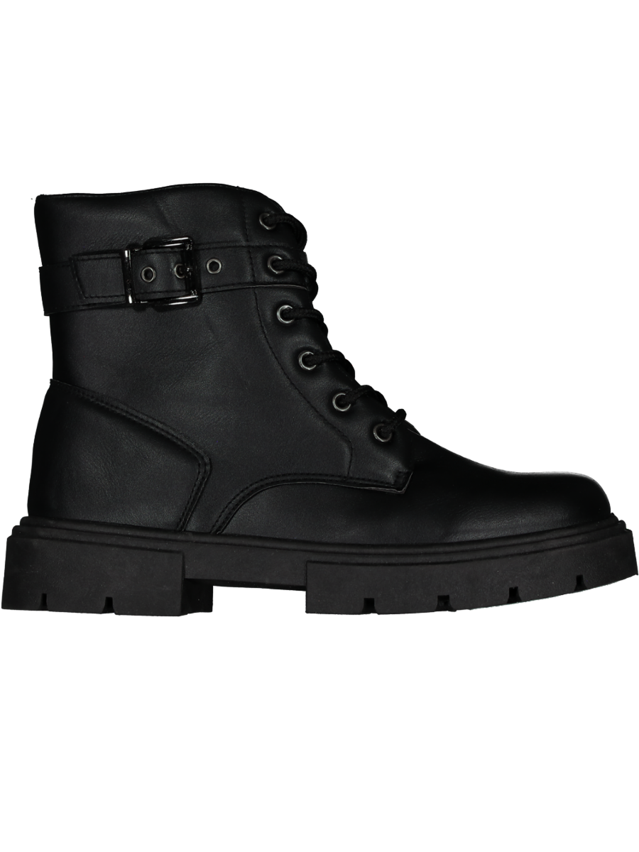 Black Lace Up Belted Ankle Boot