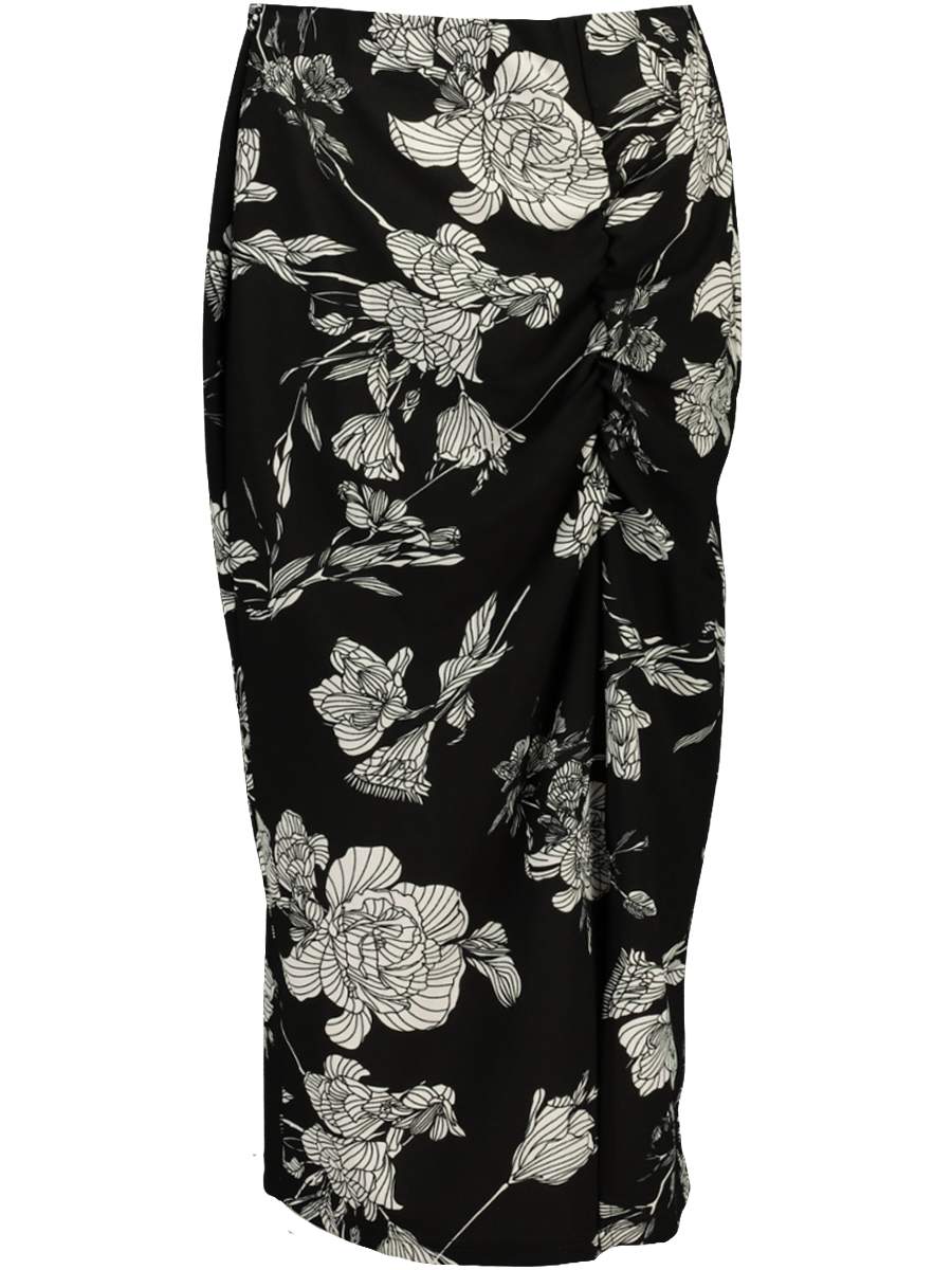Black Floral Ruched Midi Skirt