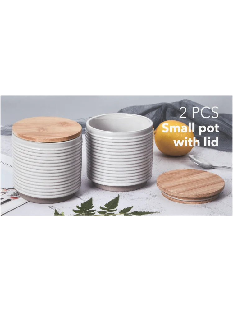 2 Piece Textured Ribbed Ceramic Canister With Bamboo Lid 10X9Cm (2)