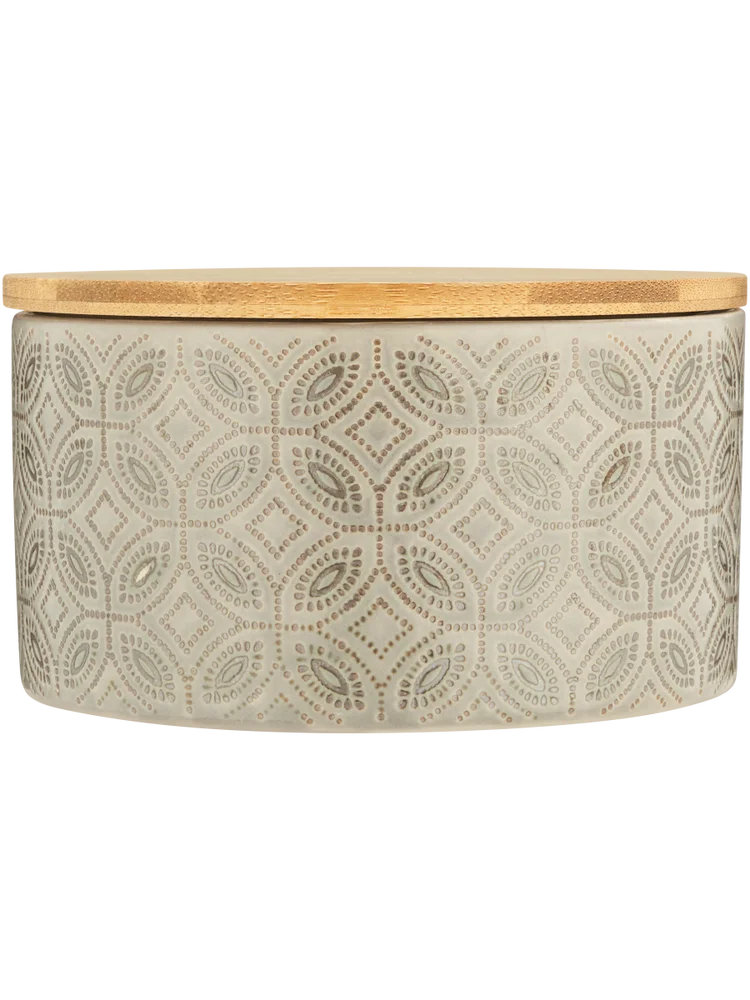 Ceramic Canister With Embossed Pattern And Bamboo Lid 12.3X6.3Cm