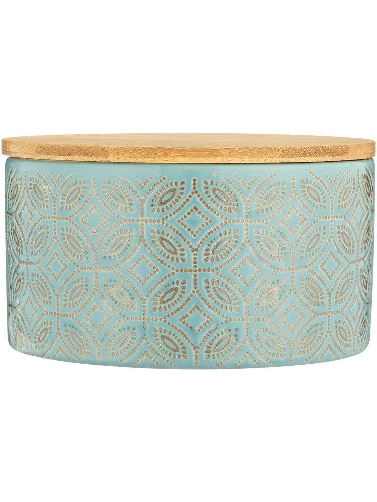 Ceramic Canister With Embossed Pattern And Bamboo Lid 12.3X6.3Cm
