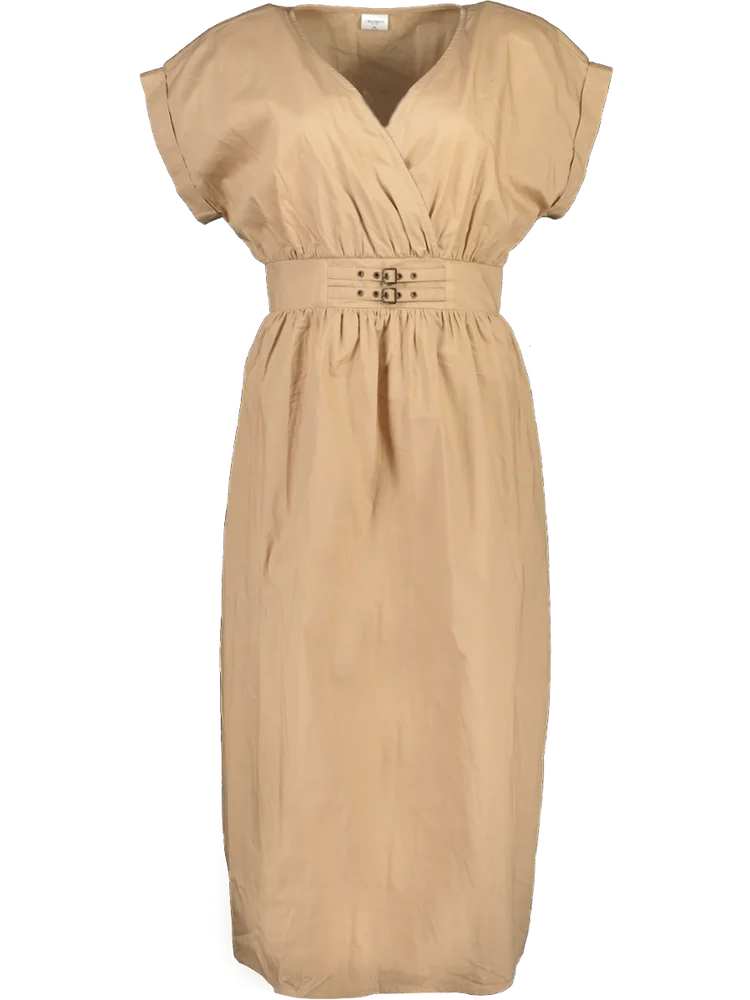 Beige Belted Midi Dress