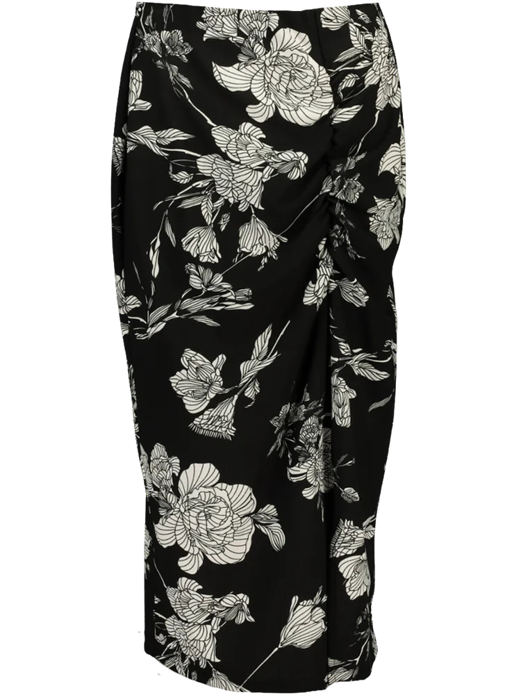 Black Floral Ruched Midi Skirt