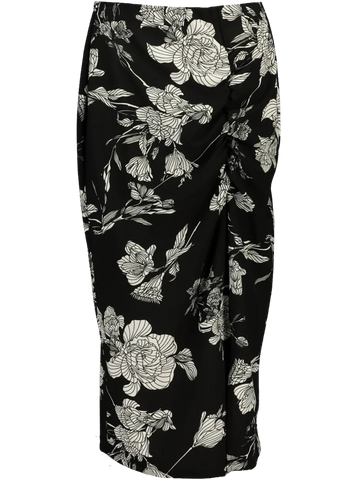 Black Floral Ruched Midi Skirt