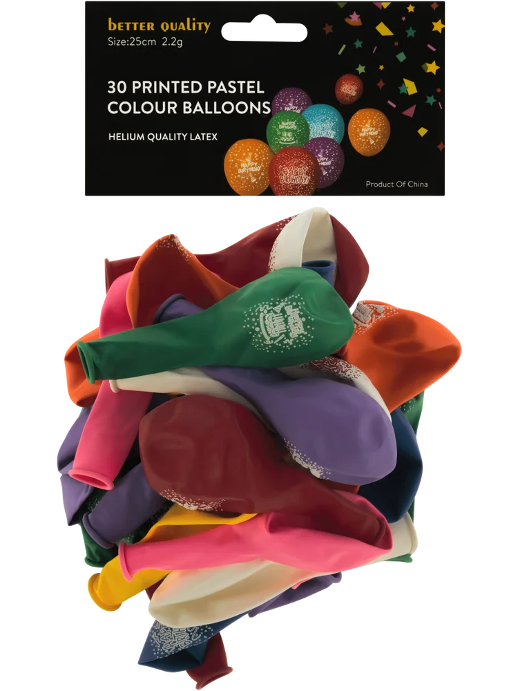 30 Pack Happy Birthday Multi Colour Balloons