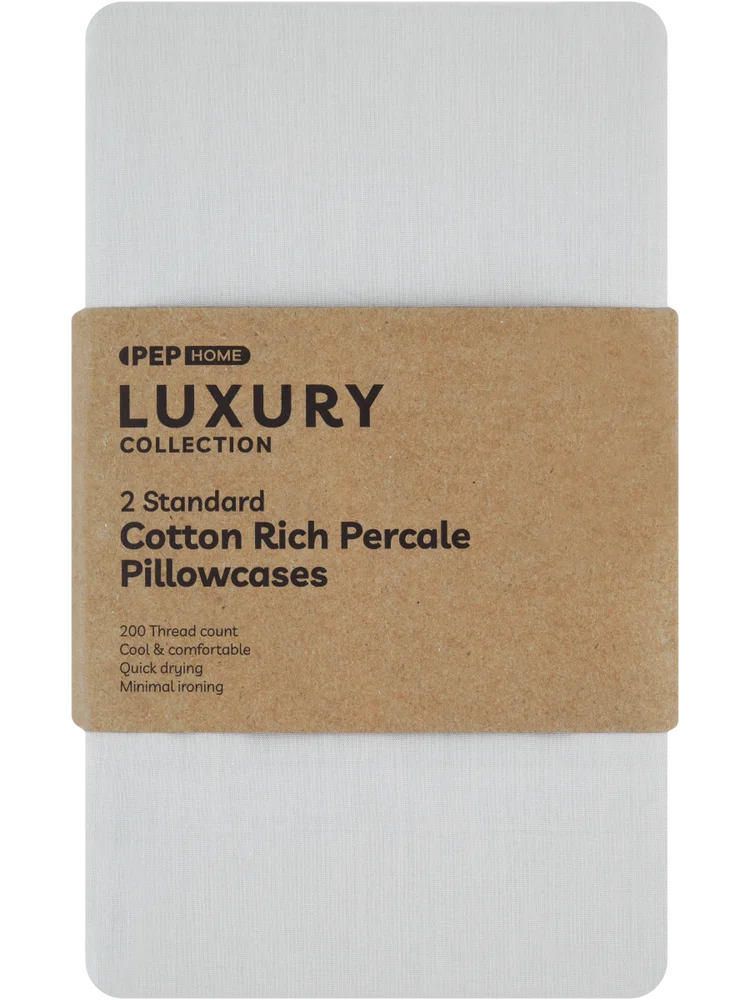 2 Pack Luxury Collection Cotton Rich Percale Standard Pillowcases