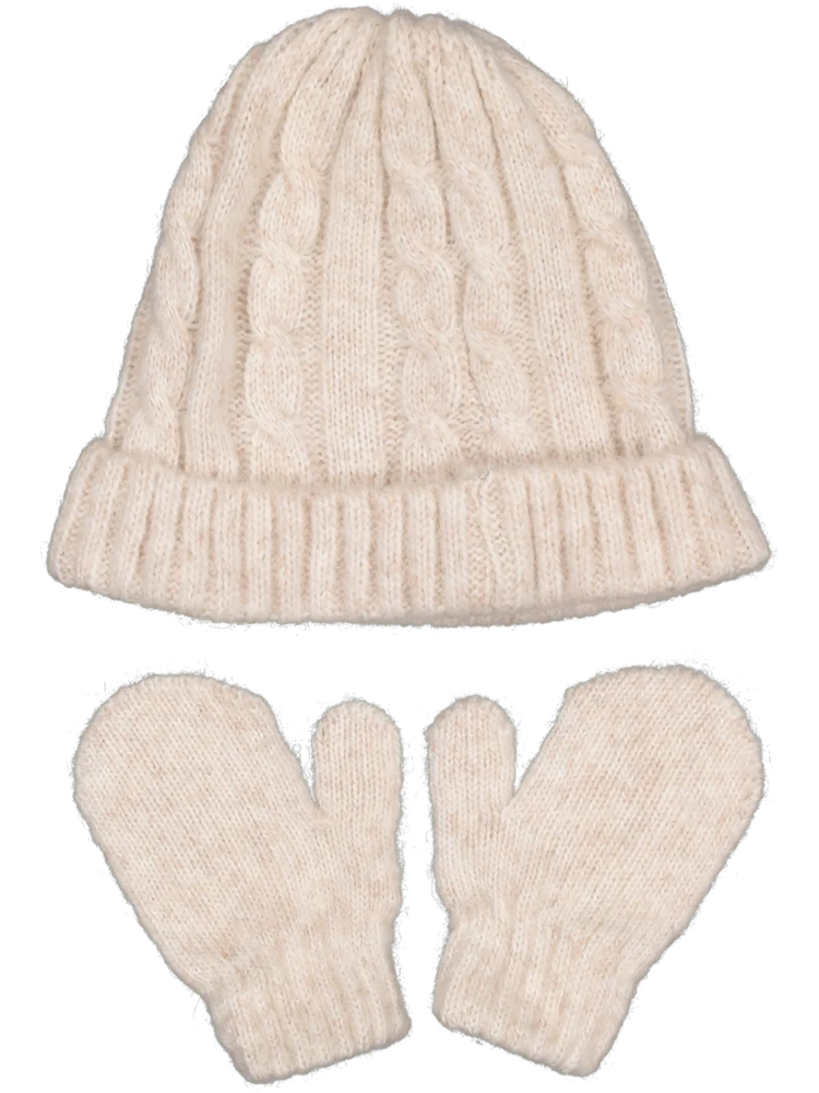 Beige Beanie Mitten Set