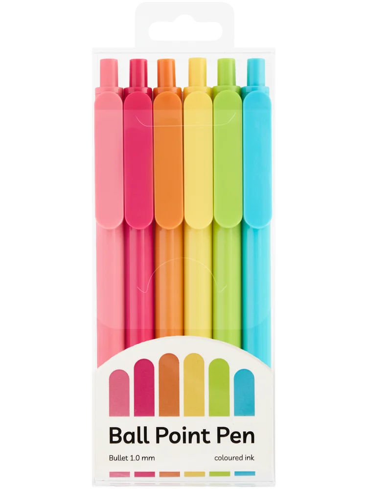 6 Pack Assorted Coloured Ink Ballpoint Pens