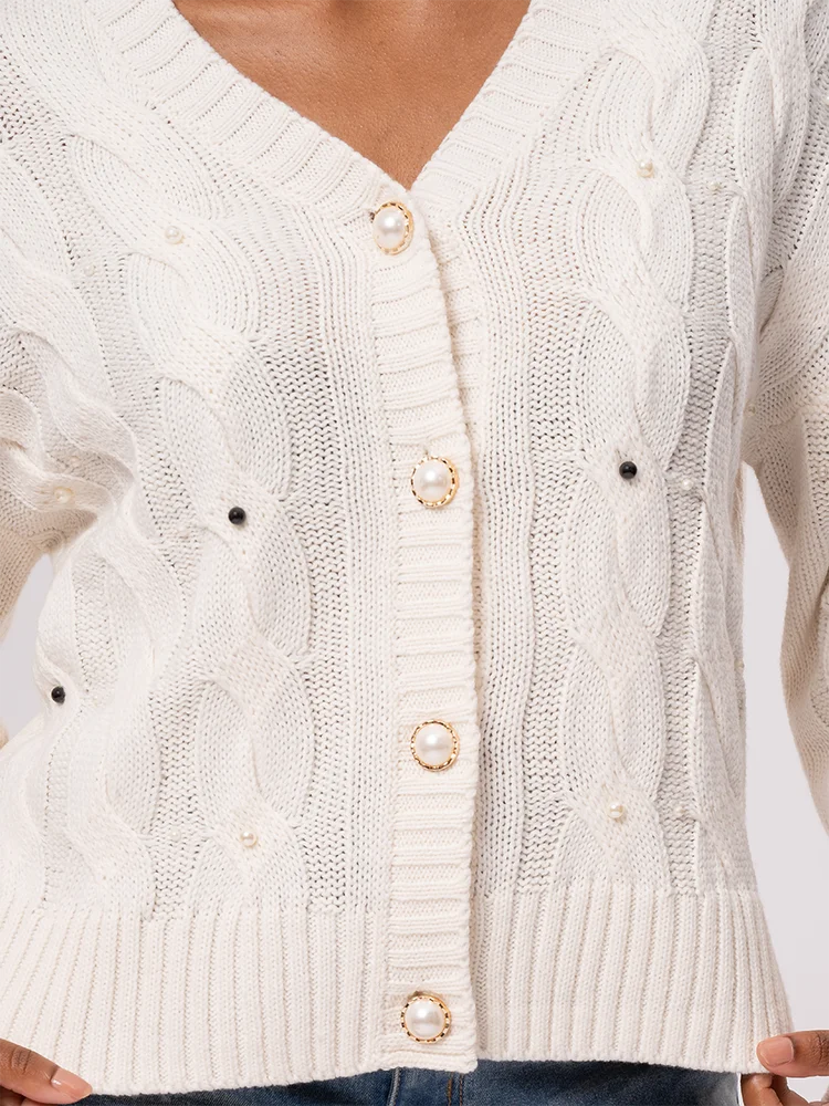 Cream Cable Knit Pearl Button Cardigan – PEP Online