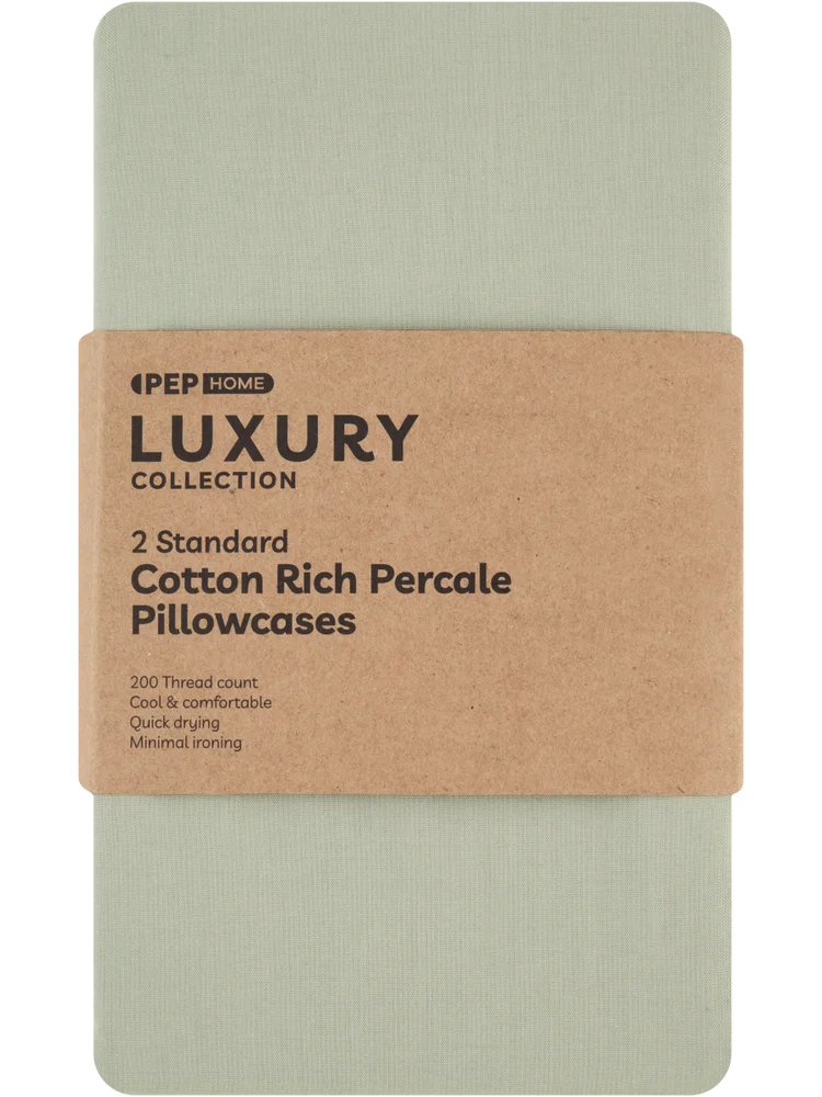 2 Pack Luxury Collection Cotton Rich Percale Standard Pillowcases