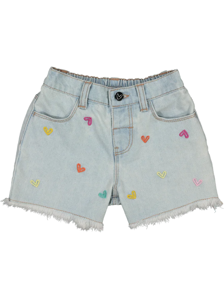 Embroidered Mid Wash Denim Shorts