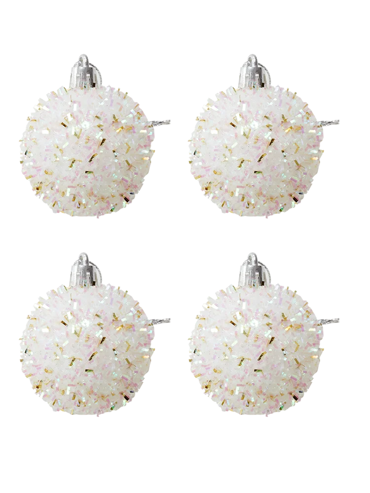 4 Pack White And Gold Tinsel Foam Baubles