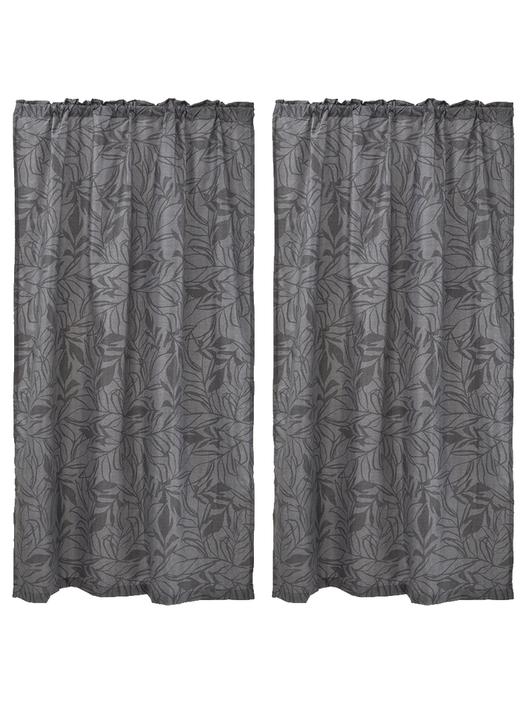 2 Pack Unlined Charcoal Leaf Curtain 140x218cm